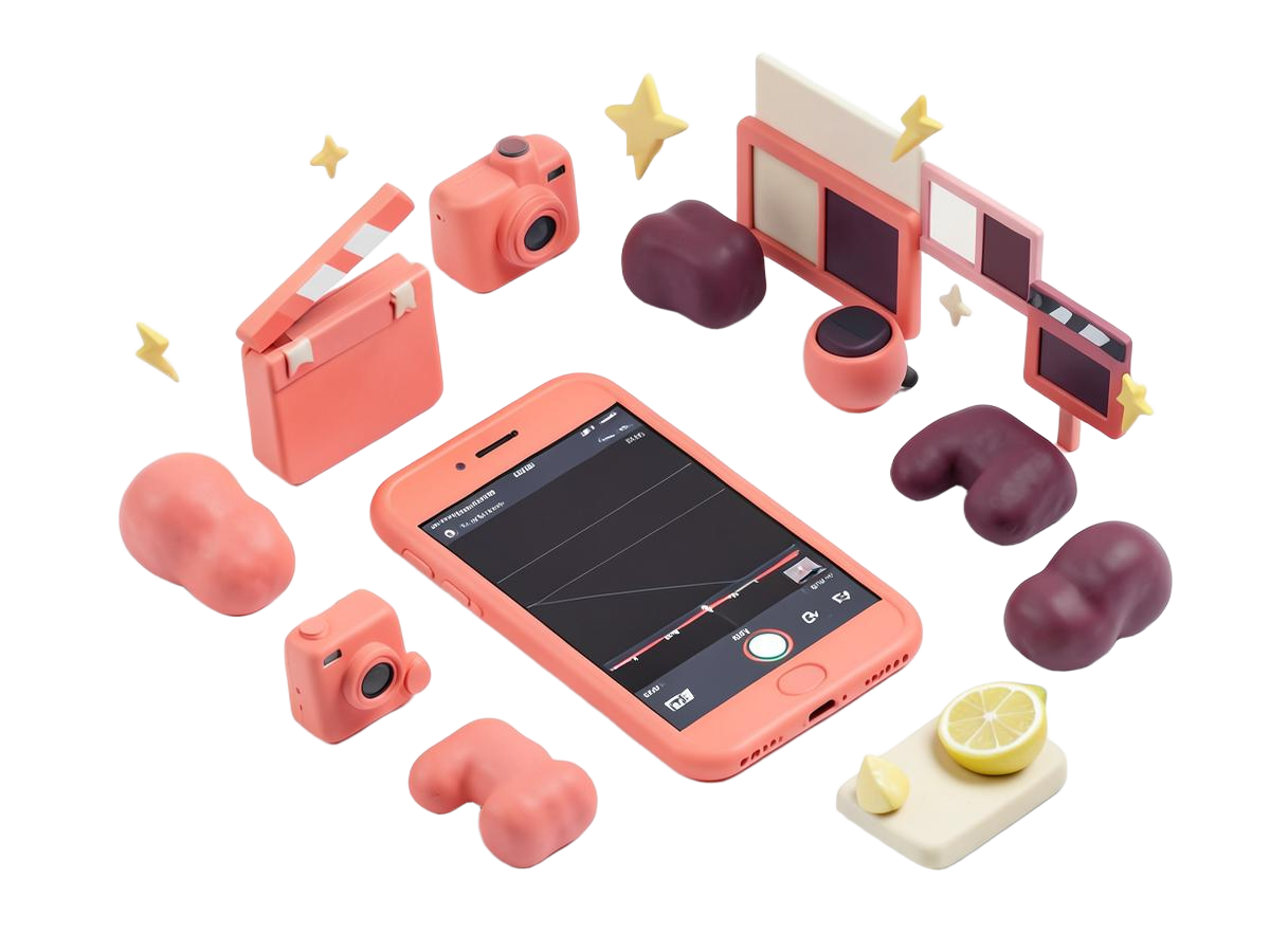 Isometric creator tools including cameras, a phone editing timeline, and storyboards